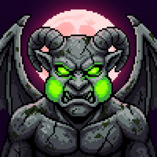 Pixel art gargoyle perched above a moonlit parapet